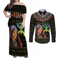 Happy Amazigh New Year Couples Matching Off Shoulder Maxi Dress and Long Sleeve Button Shirt With Women Amazigh - Berber Pattern - Wonder Print Shop
