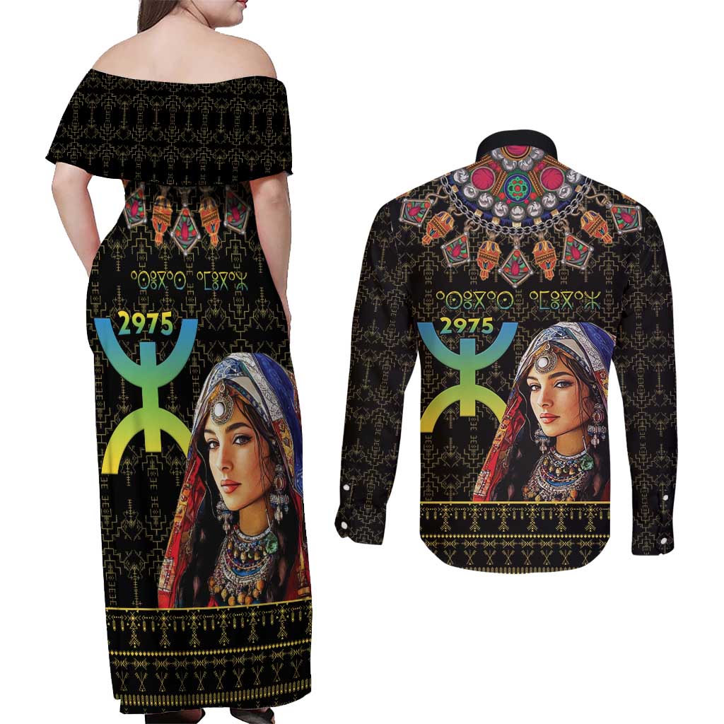 Happy Amazigh New Year Couples Matching Off Shoulder Maxi Dress and Long Sleeve Button Shirt With Women Amazigh - Berber Pattern - Wonder Print Shop