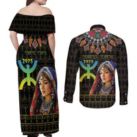 Happy Amazigh New Year Couples Matching Off Shoulder Maxi Dress and Long Sleeve Button Shirt With Women Amazigh - Berber Pattern - Wonder Print Shop