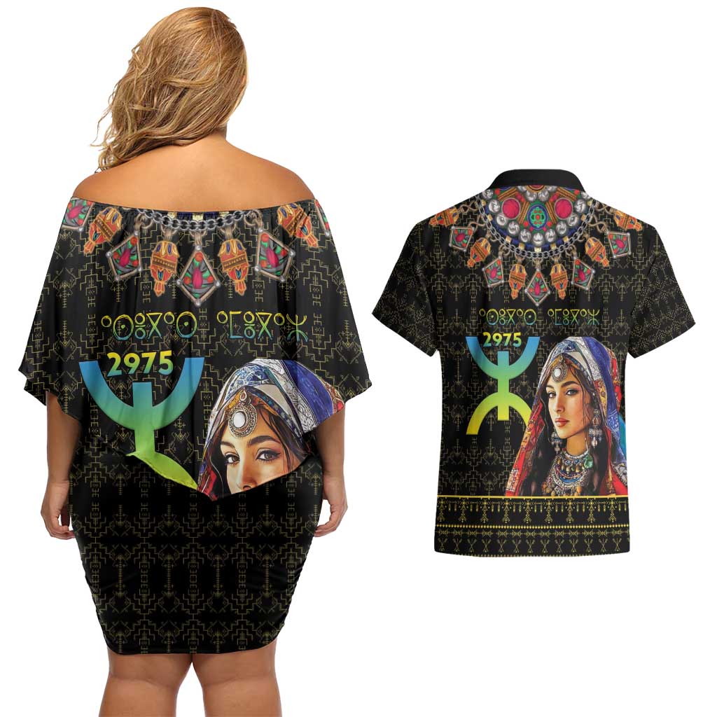 Happy Amazigh New Year Couples Matching Off Shoulder Short Dress and Hawaiian Shirt With Women Amazigh - Berber Pattern - Wonder Print Shop