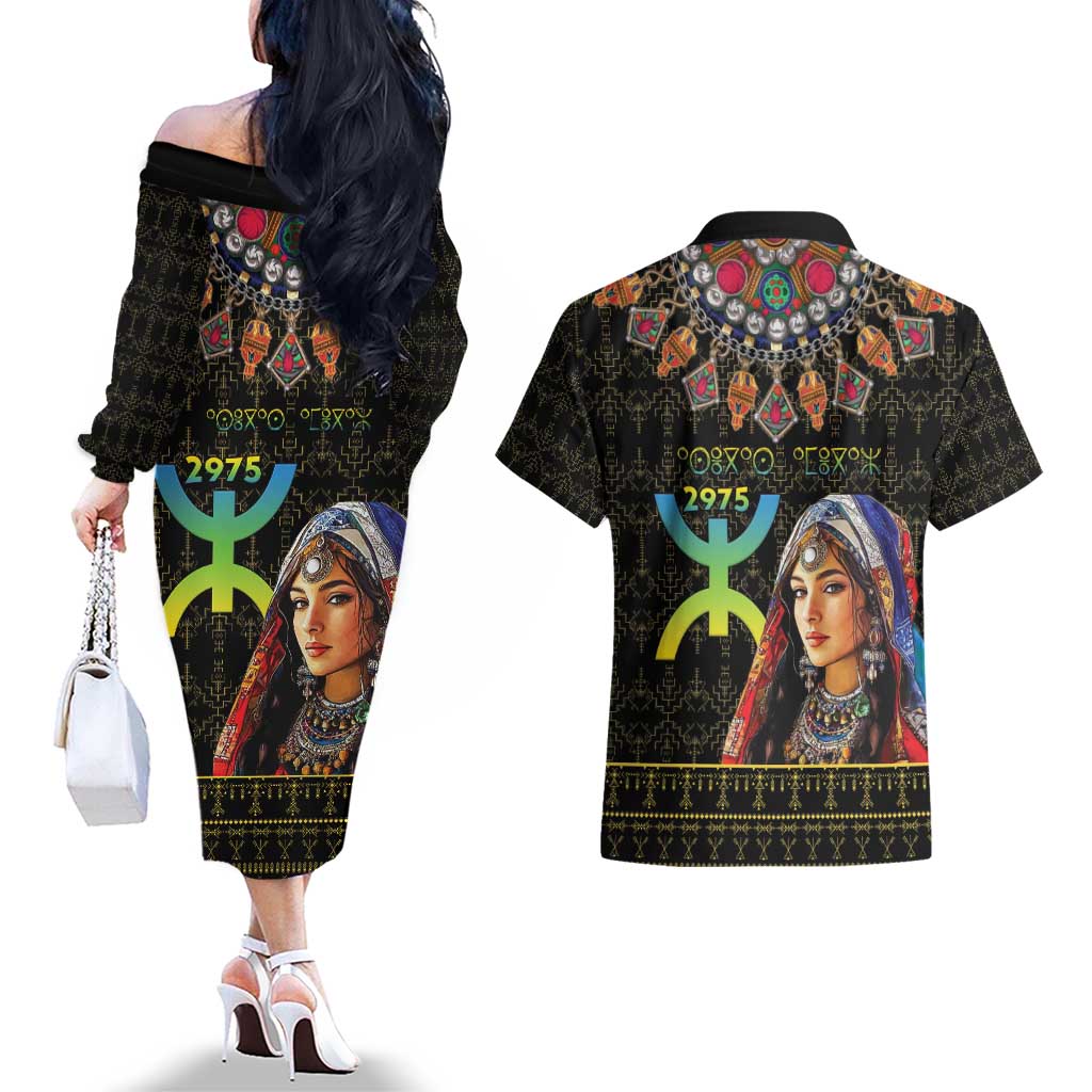 Happy Amazigh New Year Couples Matching Off The Shoulder Long Sleeve Dress and Hawaiian Shirt With Women Amazigh - Berber Pattern - Wonder Print Shop