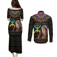 Happy Amazigh New Year Couples Matching Puletasi and Long Sleeve Button Shirt With Women Amazigh - Berber Pattern - Wonder Print Shop