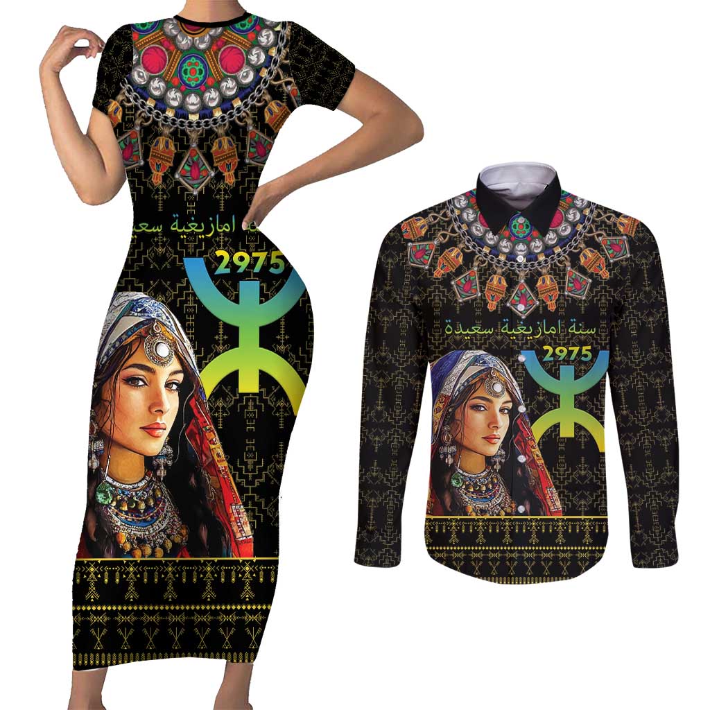 Happy Amazigh New Year Couples Matching Short Sleeve Bodycon Dress and Long Sleeve Button Shirt With Women Amazigh - Berber Pattern - Wonder Print Shop