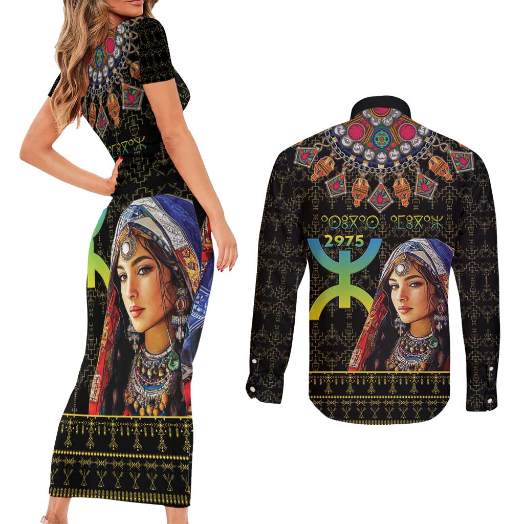 Happy Amazigh New Year Couples Matching Short Sleeve Bodycon Dress and Long Sleeve Button Shirt With Women Amazigh - Berber Pattern - Wonder Print Shop