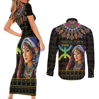 Happy Amazigh New Year Couples Matching Short Sleeve Bodycon Dress and Long Sleeve Button Shirt With Women Amazigh - Berber Pattern - Wonder Print Shop