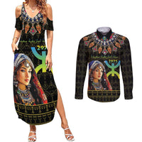 Happy Amazigh New Year Couples Matching Summer Maxi Dress and Long Sleeve Button Shirt With Women Amazigh - Berber Pattern - Wonder Print Shop