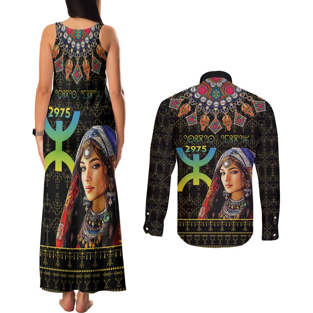Happy Amazigh New Year Couples Matching Tank Maxi Dress and Long Sleeve Button Shirt With Women Amazigh - Berber Pattern - Wonder Print Shop