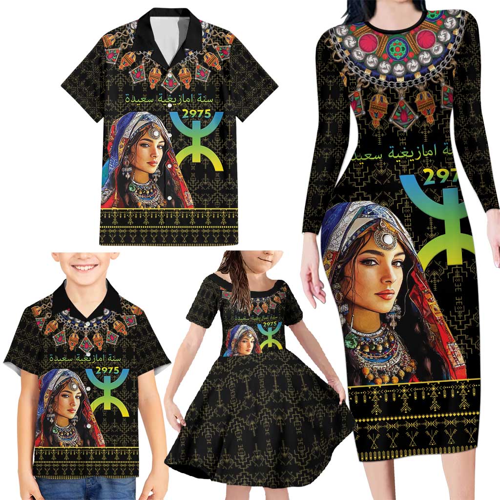 Happy Amazigh New Year Family Matching Long Sleeve Bodycon Dress and Hawaiian Shirt With Women Amazigh - Berber Pattern - Wonder Print Shop