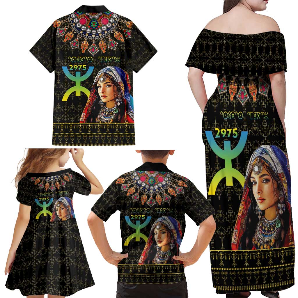 Happy Amazigh New Year Family Matching Off Shoulder Maxi Dress and Hawaiian Shirt With Women Amazigh - Berber Pattern - Wonder Print Shop