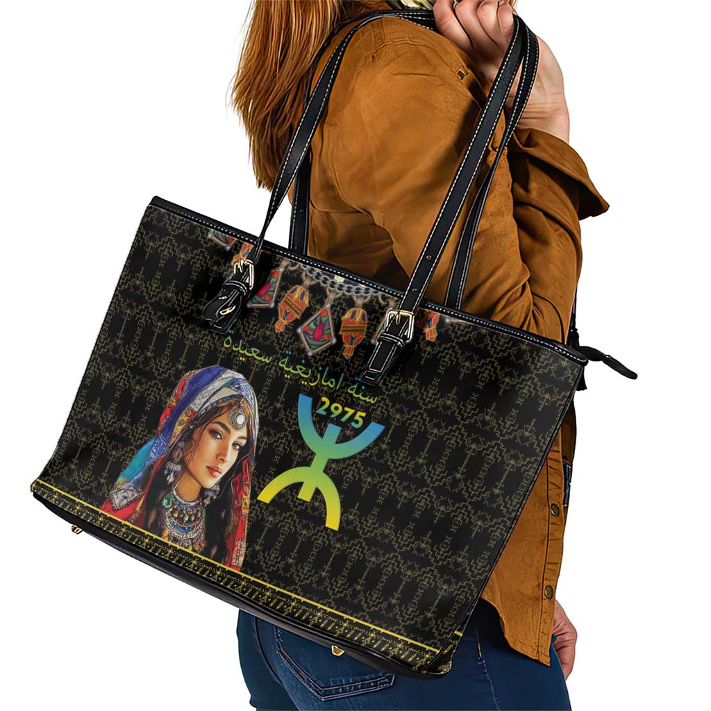 Happy Amazigh New Year Leather Tote Bag With Women Amazigh - Berber Pattern - Wonder Print Shop