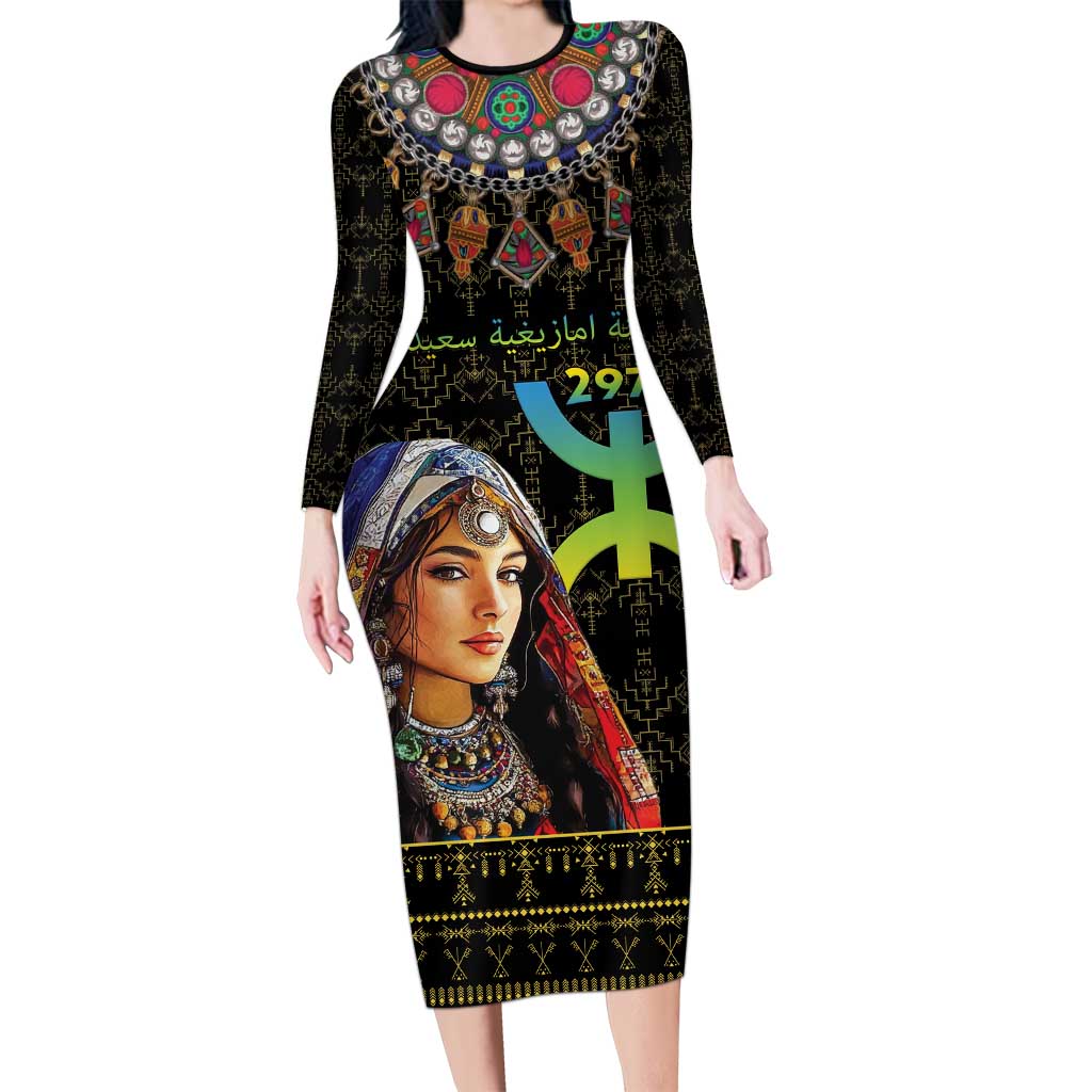 Happy Amazigh New Year Long Sleeve Bodycon Dress With Women Amazigh - Berber Pattern - Wonder Print Shop