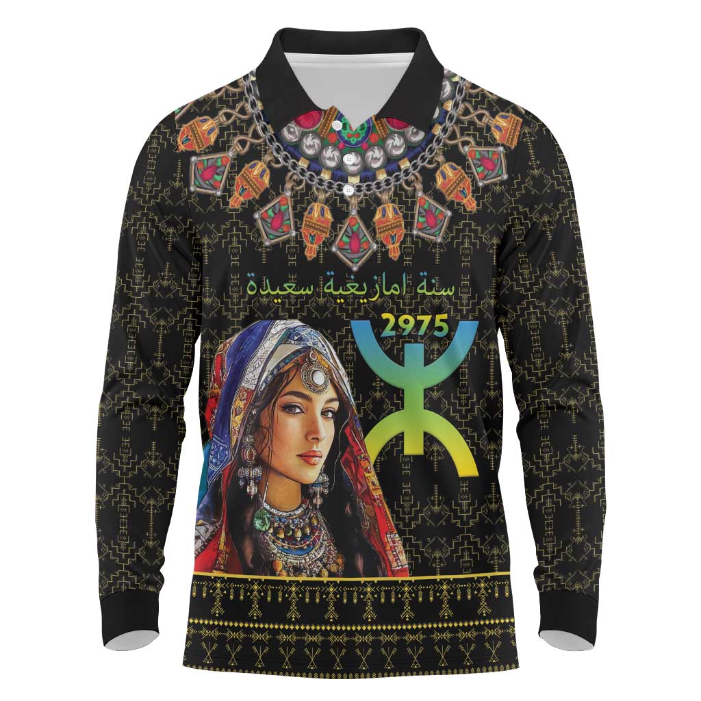 Happy Amazigh New Year Long Sleeve Polo Shirt With Women Amazigh - Berber Pattern - Wonder Print Shop