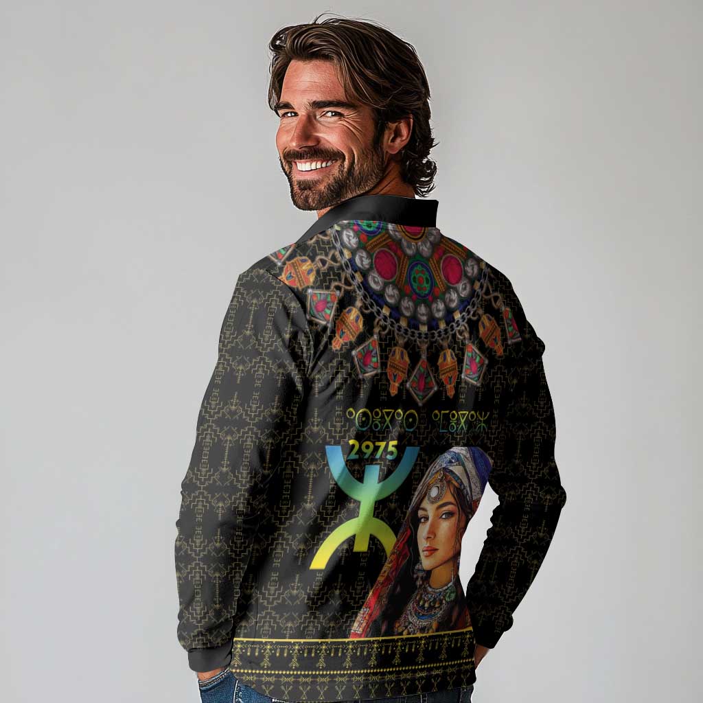 Happy Amazigh New Year Long Sleeve Polo Shirt With Women Amazigh - Berber Pattern - Wonder Print Shop