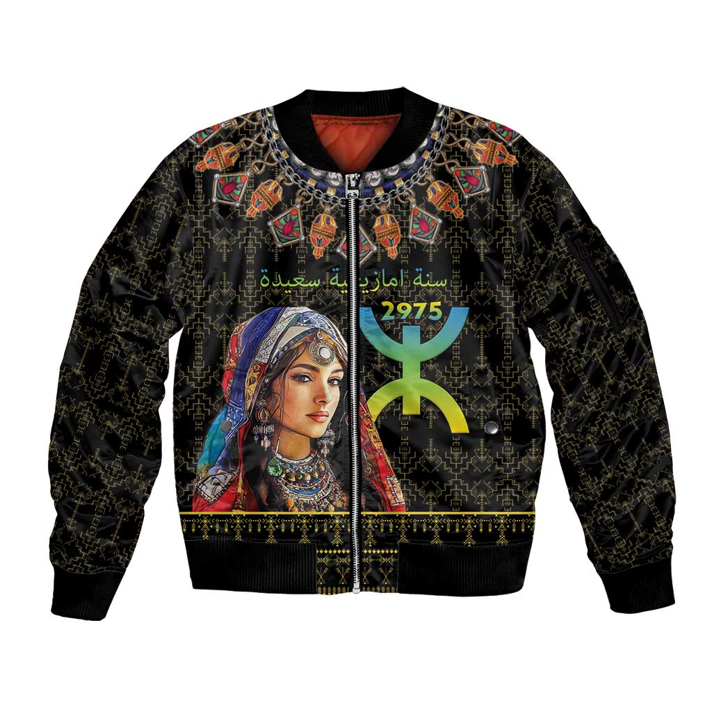 Happy Amazigh New Year Sleeve Zip Bomber Jacket With Women Amazigh - Berber Pattern - Wonder Print Shop