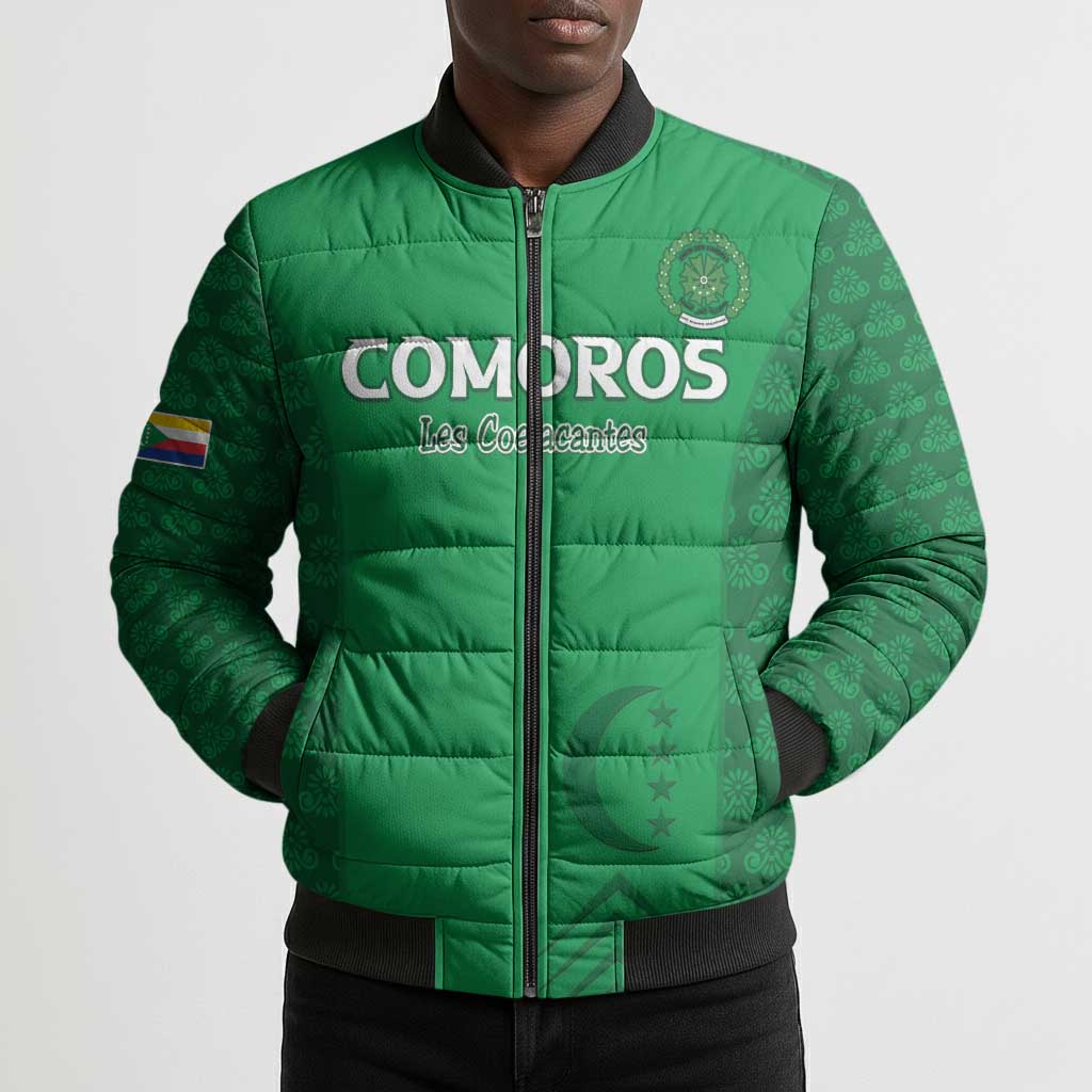 Custom Comoros Football Bomber Puffer Jacket Go Champions Green Les Coelacantes - Wonder Print Shop