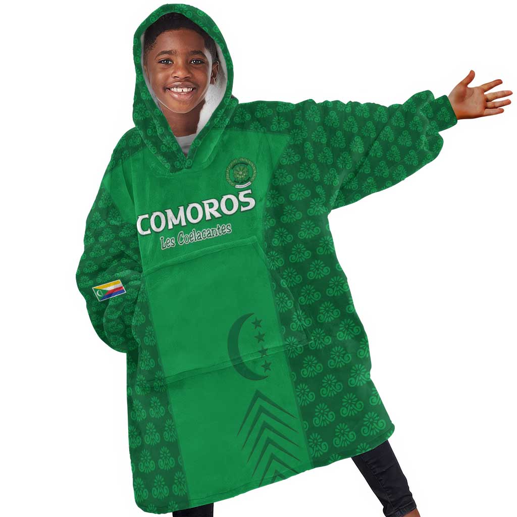 Custom Comoros Football Kid Wearable Blanket Hoodie Go Champions Green Les Coelacantes - Wonder Print Shop