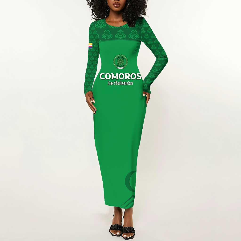 Custom Comoros Football Long Sleeve Bodycon Dress Go Champions Green Les Coelacantes - Wonder Print Shop