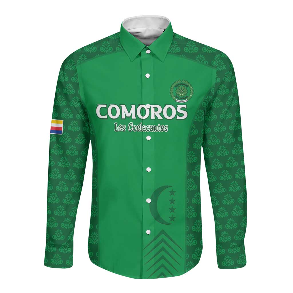 Custom Comoros Football Long Sleeve Button Shirt Go Champions Green Les Coelacantes - Wonder Print Shop