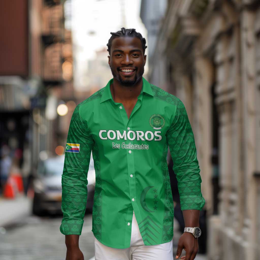 Custom Comoros Football Long Sleeve Button Shirt Go Champions Green Les Coelacantes - Wonder Print Shop