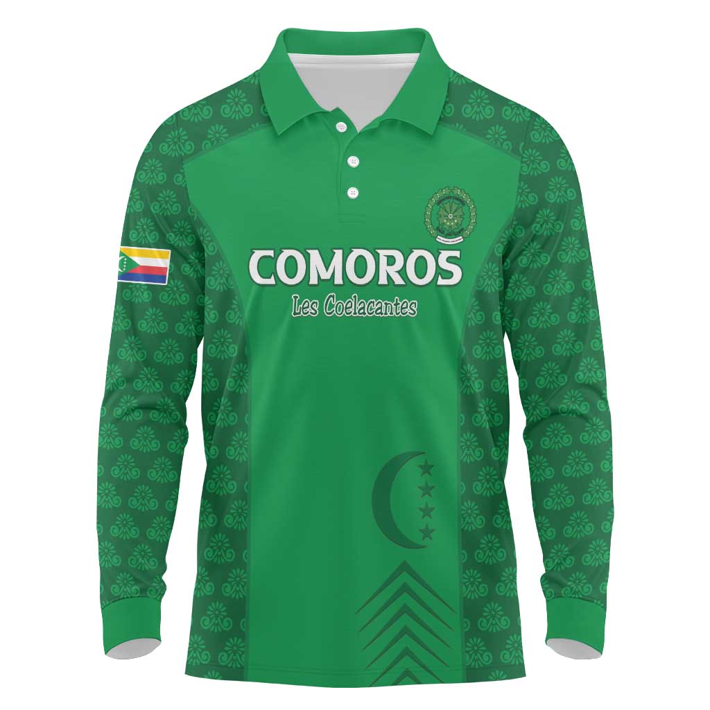 Custom Comoros Football Long Sleeve Polo Shirt Go Champions Green Les Coelacantes - Wonder Print Shop