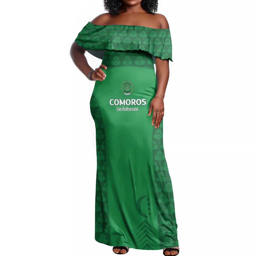 Custom Comoros Football Off Shoulder Maxi Dress Go Champions Green Les Coelacantes - Wonder Print Shop