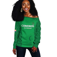 Custom Comoros Football Off Shoulder Sweater Go Champions Green Les Coelacantes - Wonder Print Shop