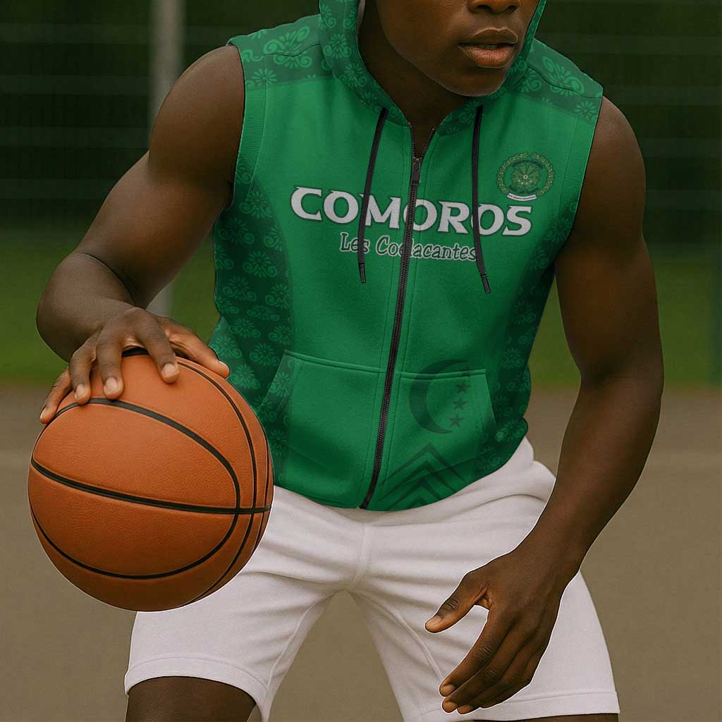 Custom Comoros Football Sleeveless Zip Hoodie Go Champions Green Les Coelacantes - Wonder Print Shop
