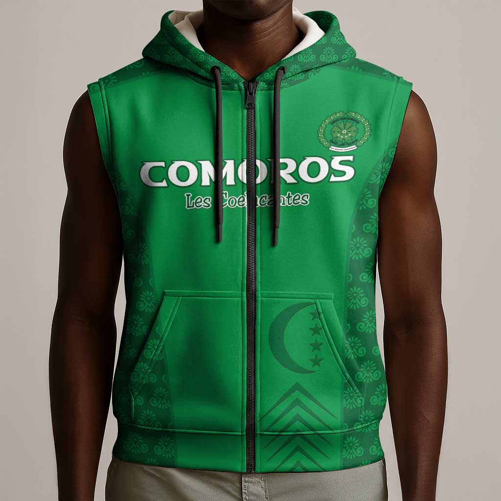 Custom Comoros Football Sleeveless Zip Hoodie Go Champions Green Les Coelacantes - Wonder Print Shop