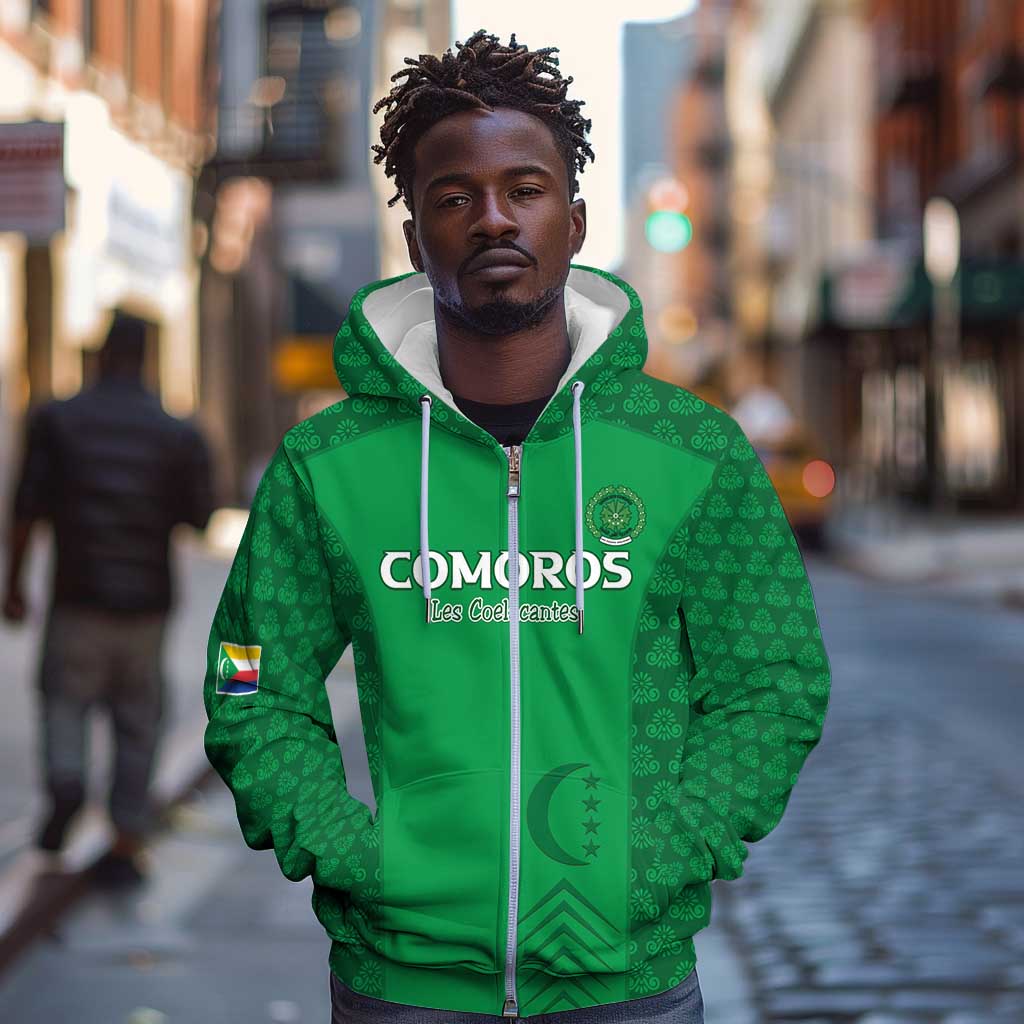 Custom Comoros Football Zip Hoodie Go Champions Green Les Coelacantes - Wonder Print Shop