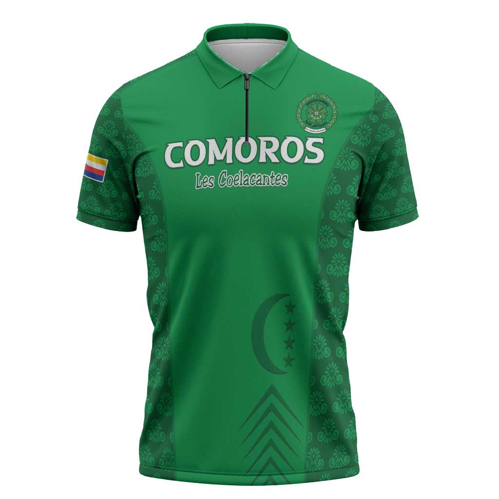Custom Comoros Football Zipper Polo Shirt Go Champions Green Les Coelacantes - Wonder Print Shop