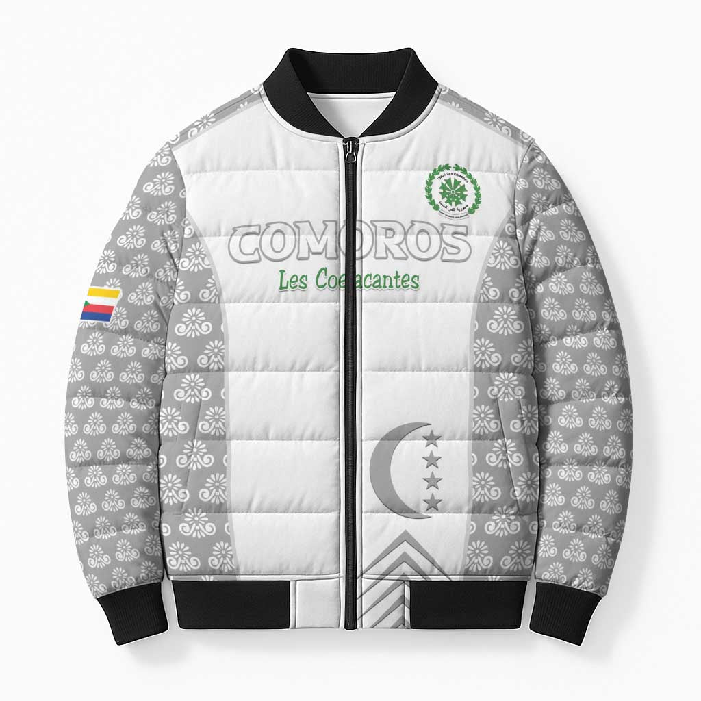Custom Comoros Football Bomber Puffer Jacket Go Champions White Les Coelacantes - Wonder Print Shop