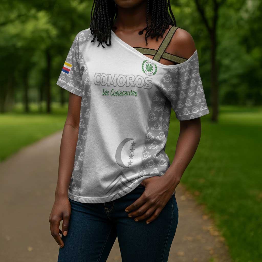 Custom Comoros Football Cross Shoulder Shirt Go Champions White Les Coelacantes - Wonder Print Shop