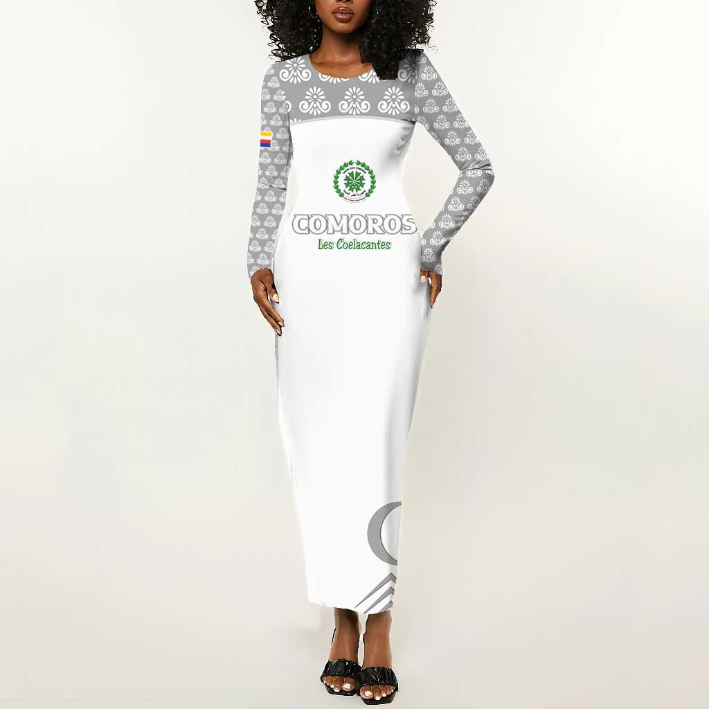 Custom Comoros Football Long Sleeve Bodycon Dress Go Champions White Les Coelacantes - Wonder Print Shop