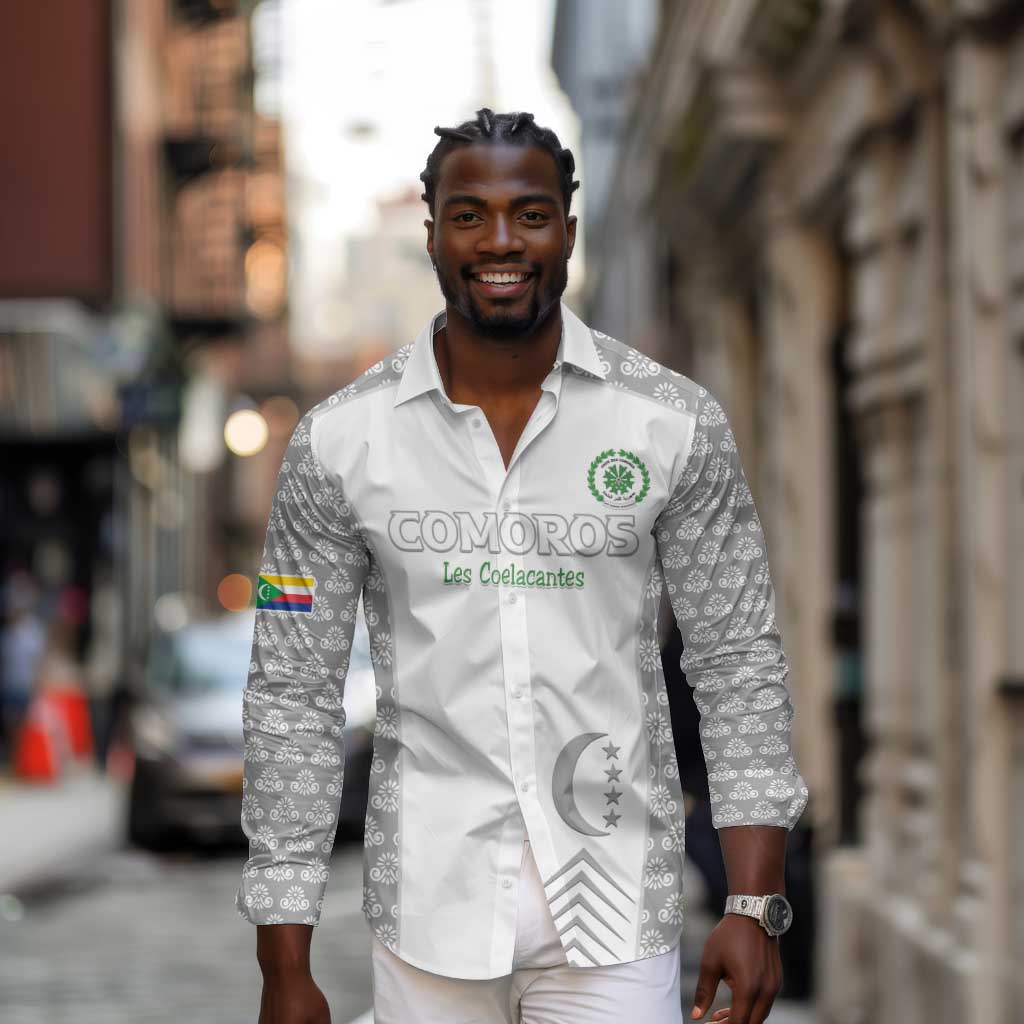 Custom Comoros Football Long Sleeve Button Shirt Go Champions White Les Coelacantes - Wonder Print Shop