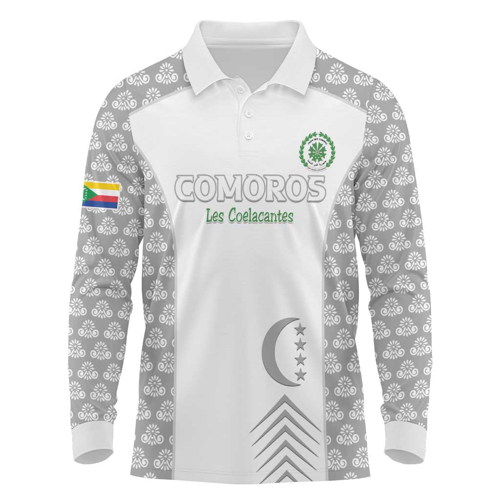 Custom Comoros Football Long Sleeve Polo Shirt Go Champions White Les Coelacantes - Wonder Print Shop