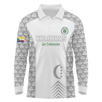 Custom Comoros Football Long Sleeve Polo Shirt Go Champions White Les Coelacantes - Wonder Print Shop