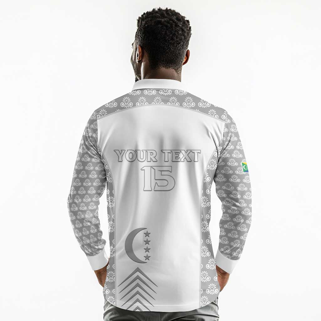 Custom Comoros Football Long Sleeve Polo Shirt Go Champions White Les Coelacantes - Wonder Print Shop