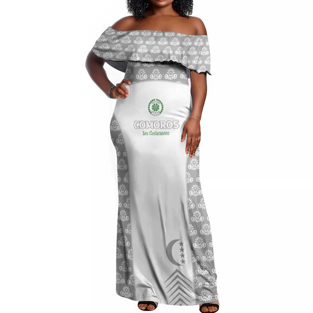 Custom Comoros Football Off Shoulder Maxi Dress Go Champions White Les Coelacantes - Wonder Print Shop