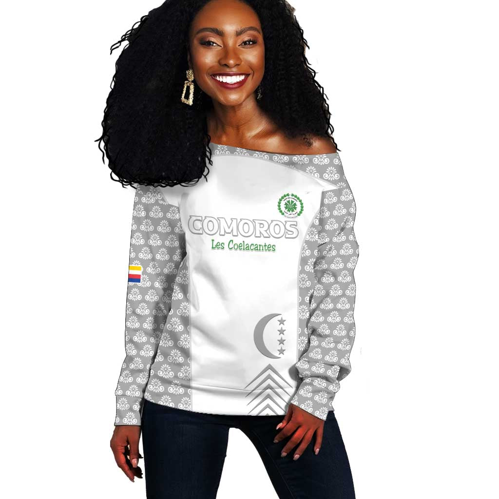 Custom Comoros Football Off Shoulder Sweater Go Champions White Les Coelacantes - Wonder Print Shop
