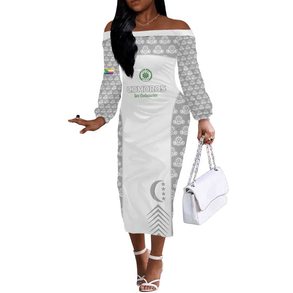 Custom Comoros Football Off The Shoulder Long Sleeve Dress Go Champions White Les Coelacantes - Wonder Print Shop