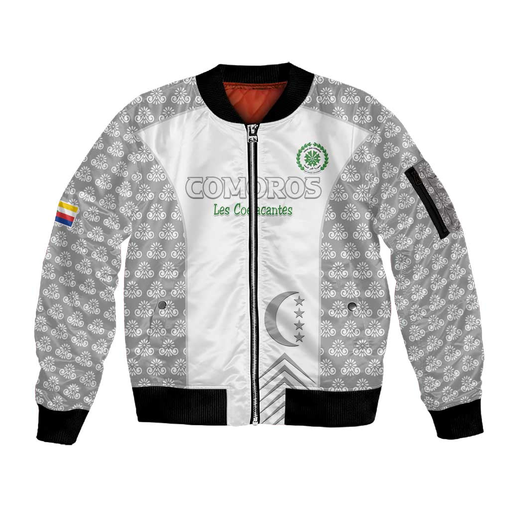 Custom Comoros Football Sleeve Zip Bomber Jacket Go Champions White Les Coelacantes - Wonder Print Shop