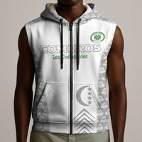 Custom Comoros Football Sleeveless Zip Hoodie Go Champions White Les Coelacantes - Wonder Print Shop