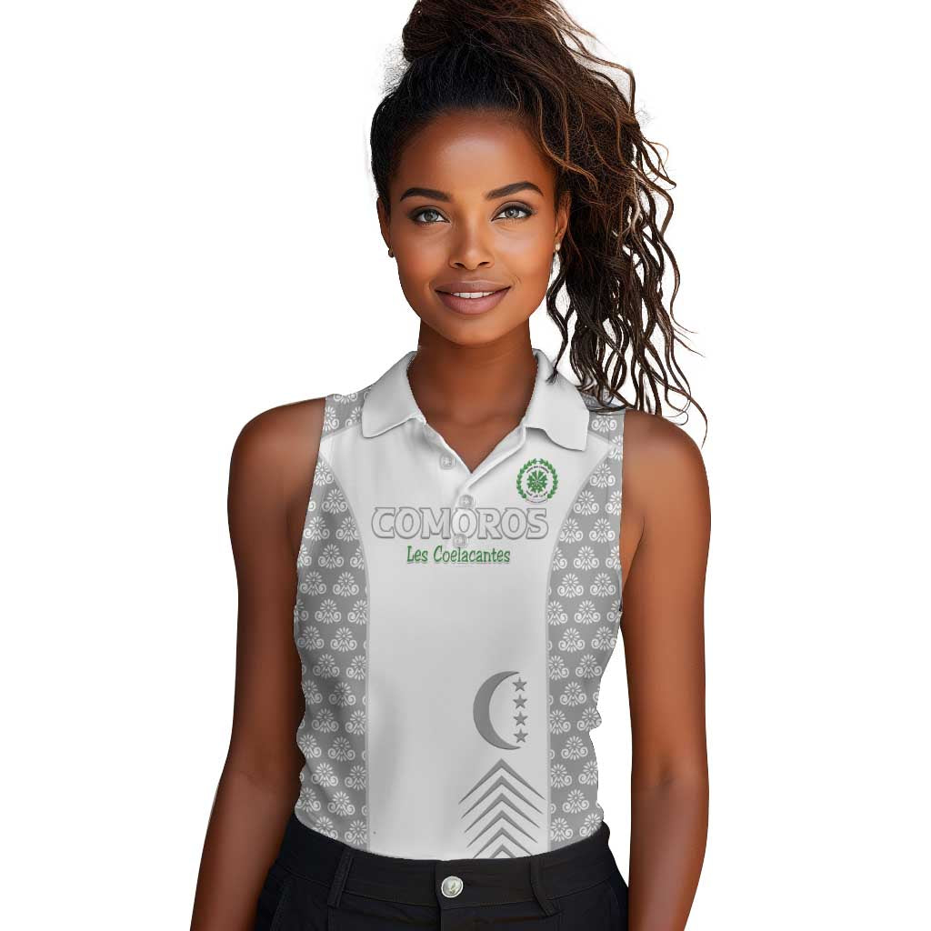 Custom Comoros Football Women Sleeveless Polo Shirt Go Champions White Les Coelacantes - Wonder Print Shop