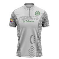 Custom Comoros Football Zipper Polo Shirt Go Champions White Les Coelacantes - Wonder Print Shop