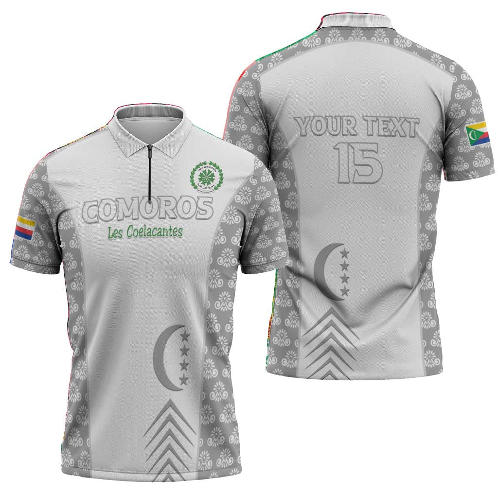 Custom Comoros Football Zipper Polo Shirt Go Champions White Les Coelacantes - Wonder Print Shop