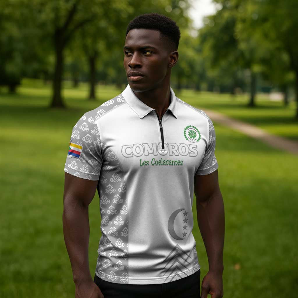 Custom Comoros Football Zipper Polo Shirt Go Champions White Les Coelacantes - Wonder Print Shop