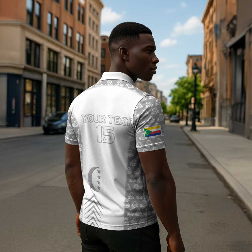 Custom Comoros Football Zipper Polo Shirt Go Champions White Les Coelacantes - Wonder Print Shop
