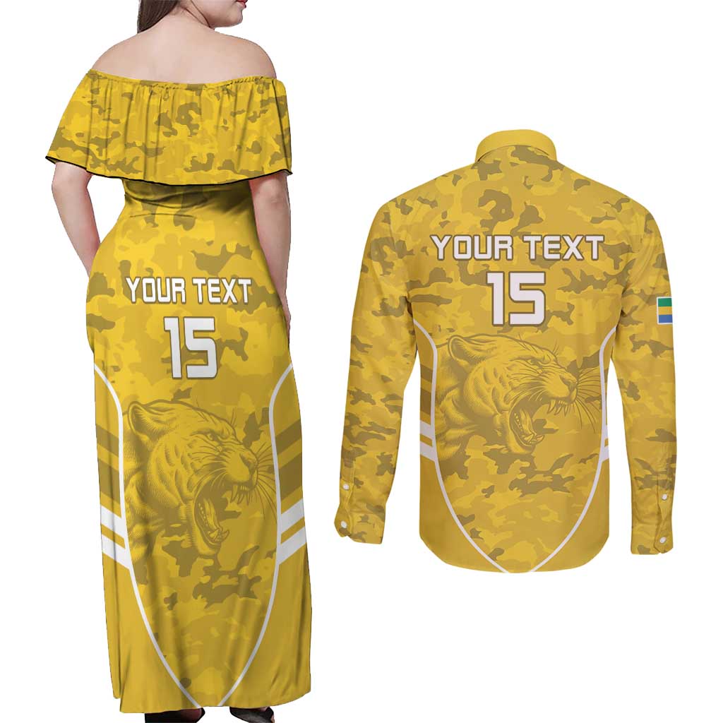 Custom Gabon Football Couples Matching Off Shoulder Maxi Dress and Long Sleeve Button Shirt Go Panthers