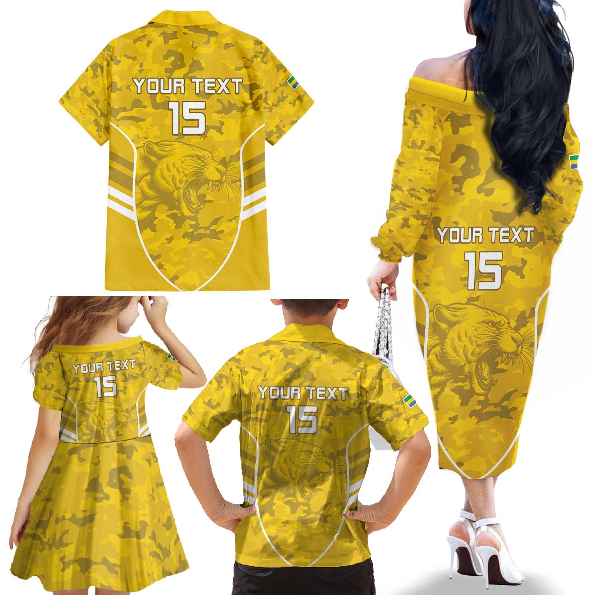 Custom Gabon Football Family Matching Off The Shoulder Long Sleeve Dress and Hawaiian Shirt Go Panthers