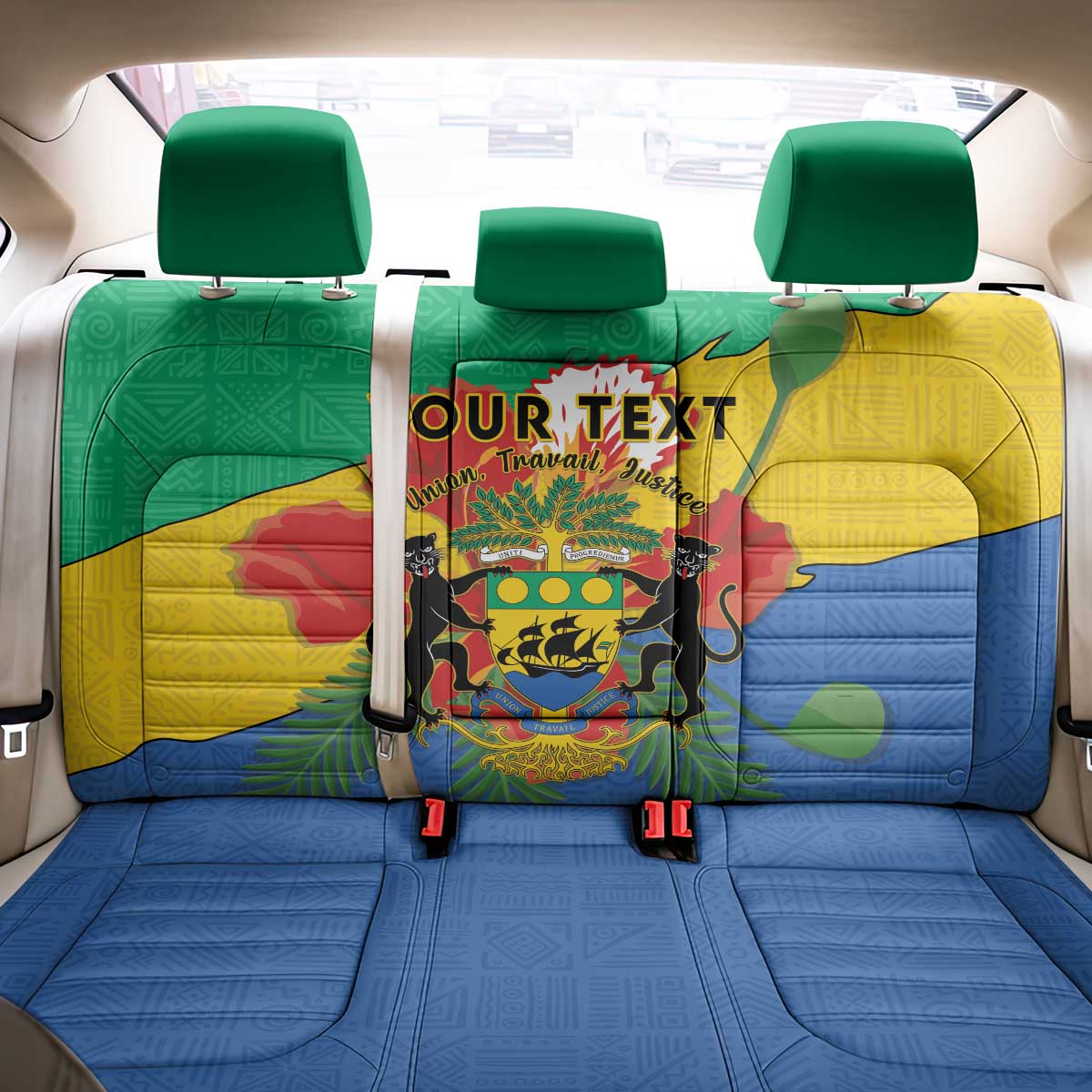Personalised Gabon Back Car Seat Cover Coat Of Arms With African Pattern